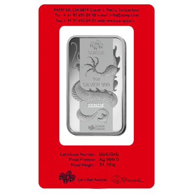PAMP Lunar Dragon 1oz Silver Certicard Bar
