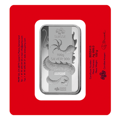 PAMP 100 Gram Lunar Dragon Silver Certicard Bar