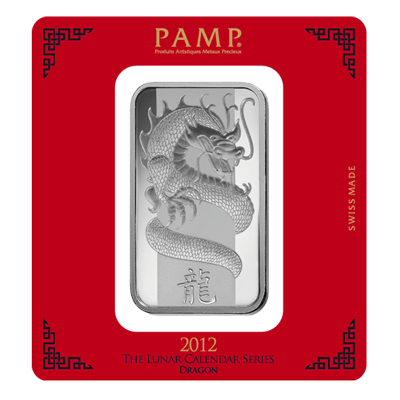 PAMP 100 Gram Lunar Dragon Silver Certicard Bar