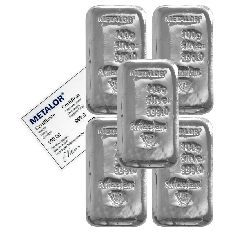 CLEARANCE - 5 x 100g Silver Bar - Metalor Cast (EOL)