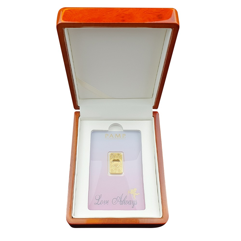 5g Gold Bar - PAMP 'Love Always' in Premium Walnut Display Box