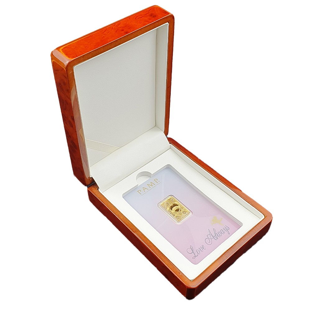 5g Gold Bar - PAMP 'Love Always' in Premium Walnut Display Box