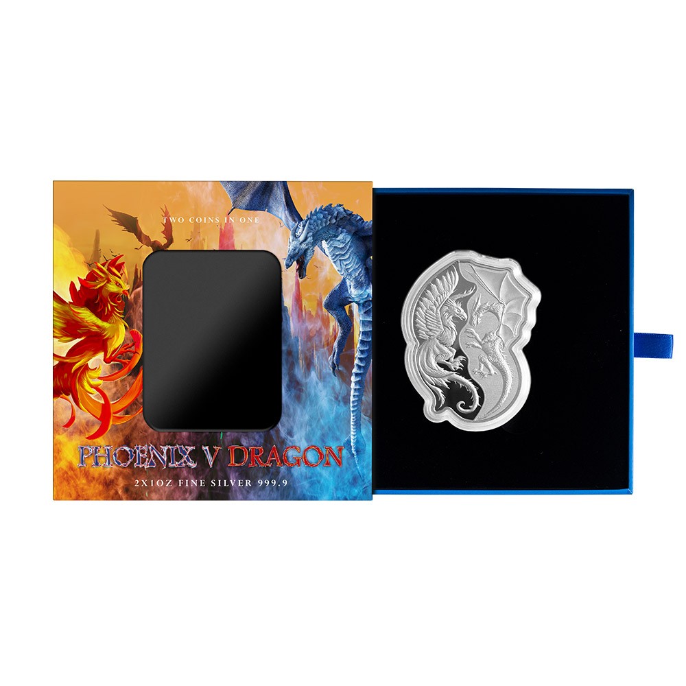 2 x 1oz Pure Silver Phoenix V Dragon Coin Set 