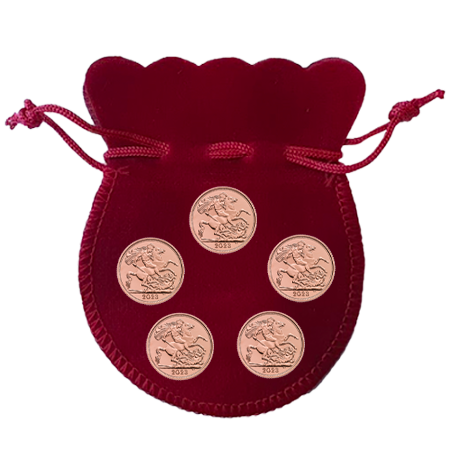 5 x 2023 UK Coronation Half Gold Sovereign in a Small Maroon Velvet Coin Pouch