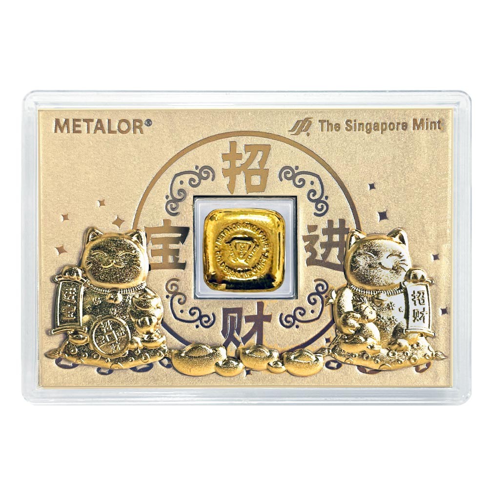 1oz Gold Cast Bar In Fortune Cat Case | Metalor Singapore