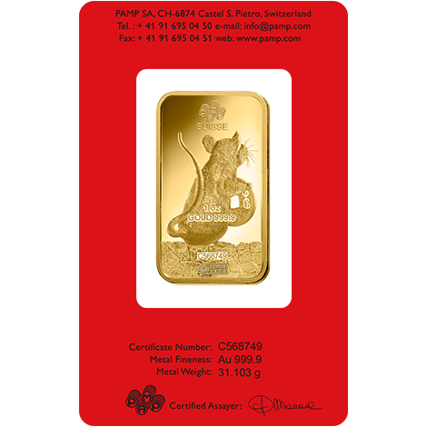 2020 1oz Gold Bar | PAMP Lunar Rat Certicard