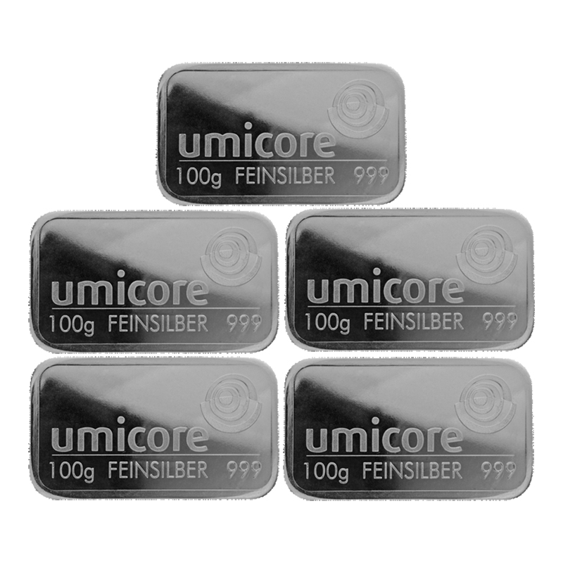 5 x 100g Umicore Silver Bars
