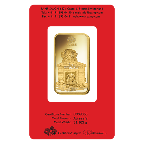 2018 1oz Gold Bar | PAMP Lunar Dog Certicard