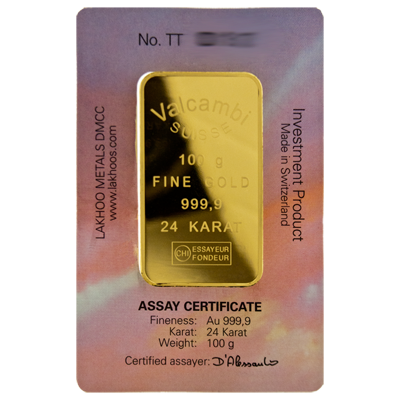 100g Gold Bar - Valcambi Boxed Certified