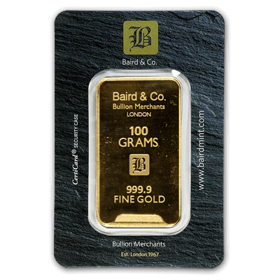 100g Gold Bar - Baird & Co Minted Certicard