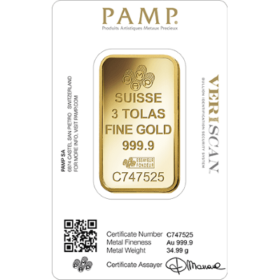 3 Tola Gold Bar - PAMP Fortuna Veriscan