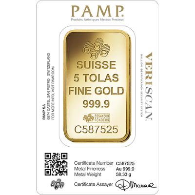 5 Tola Gold Bar - PAMP Suisse Lady Fortuna Veriscan