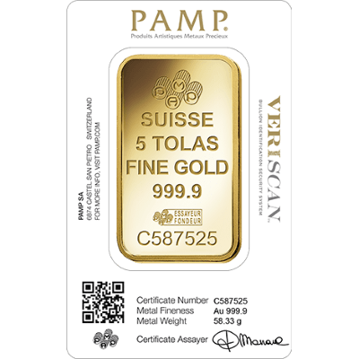 5 Tola Gold Bar - PAMP Suisse Lady Fortuna Veriscan Certicard