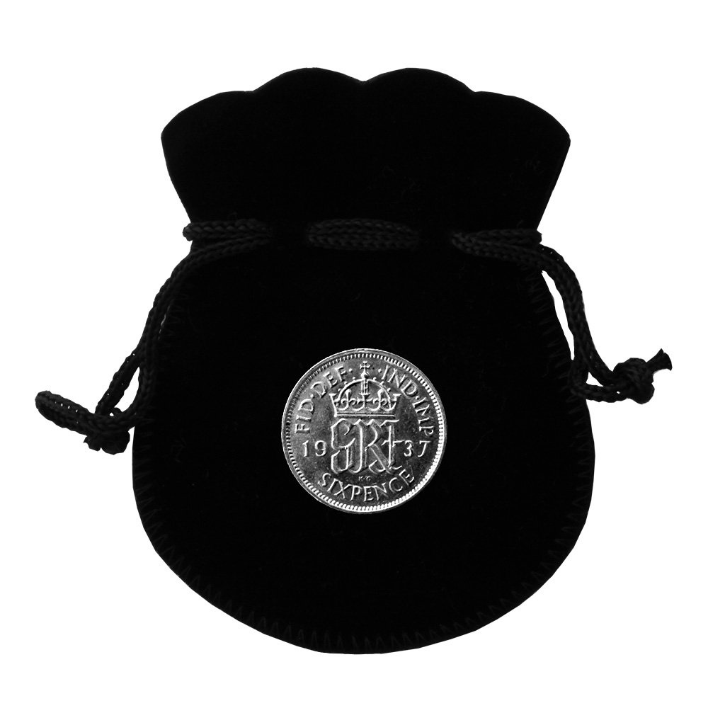 Silver Sixpence with Velvet Coin Pouch