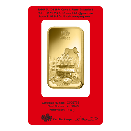 2019 100g Gold Bar - PAMP Lunar Pig Certicard