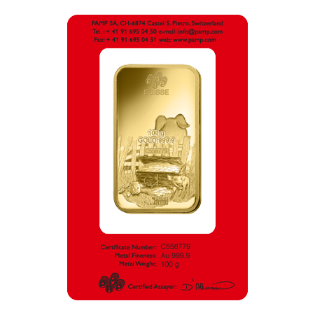 2019 100g Gold Bar - PAMP Lunar Pig