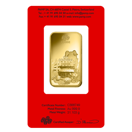 2019 1oz Gold Bar | PAMP Lunar Pig Certicard